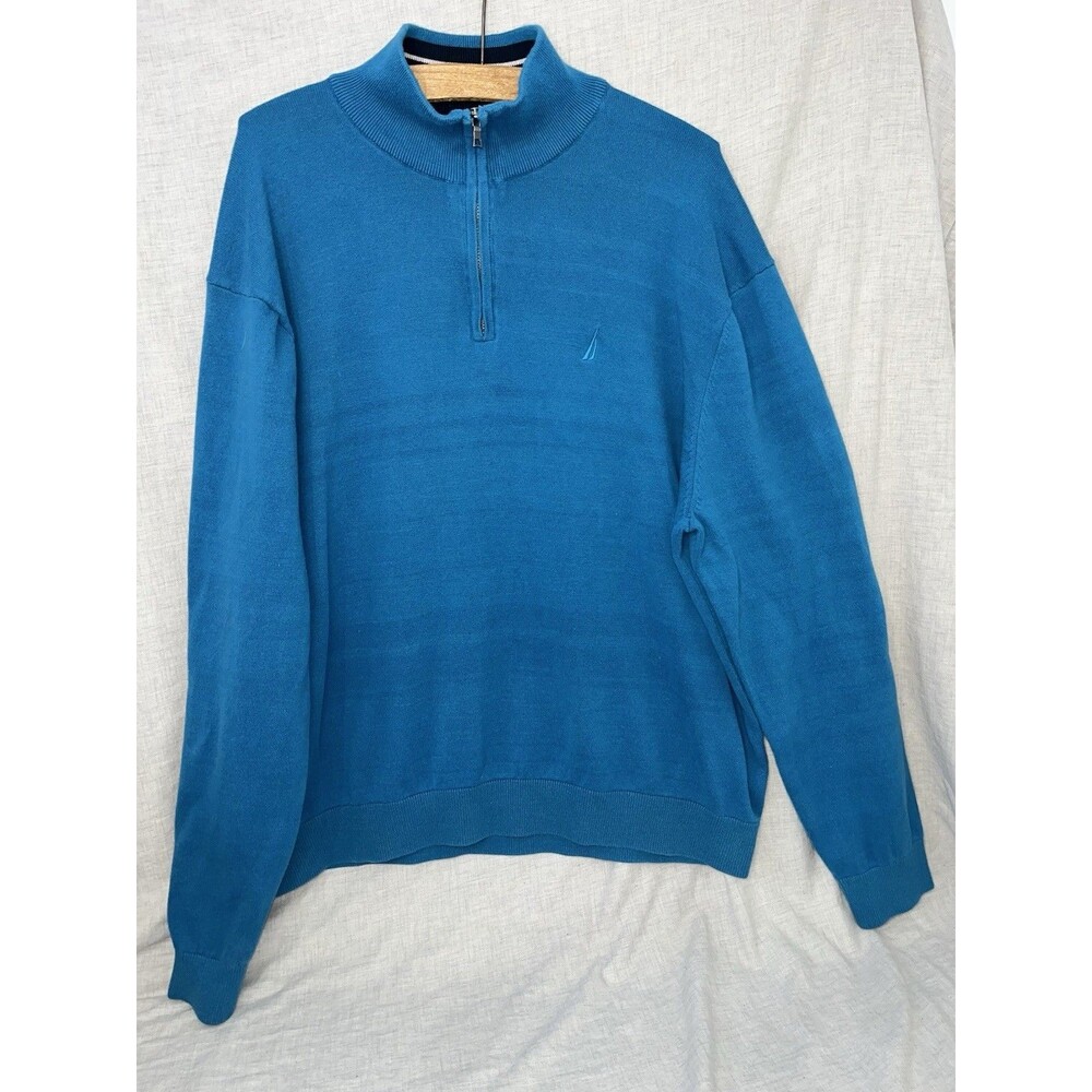 Nautica Men’s Quarter-Zip Sweater XXL Teal Blue White Striped 100% Cotton Knit